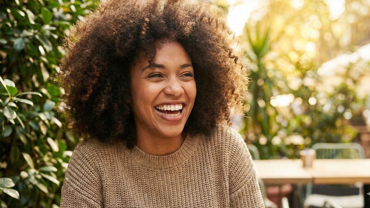 oto de close-up de uma mulher negra sorrindo, com cabelos cacheados volumosos, brilhantes e perfeitamente definidos. Representa o resultado dos melhores produtos para cabelos cacheados.