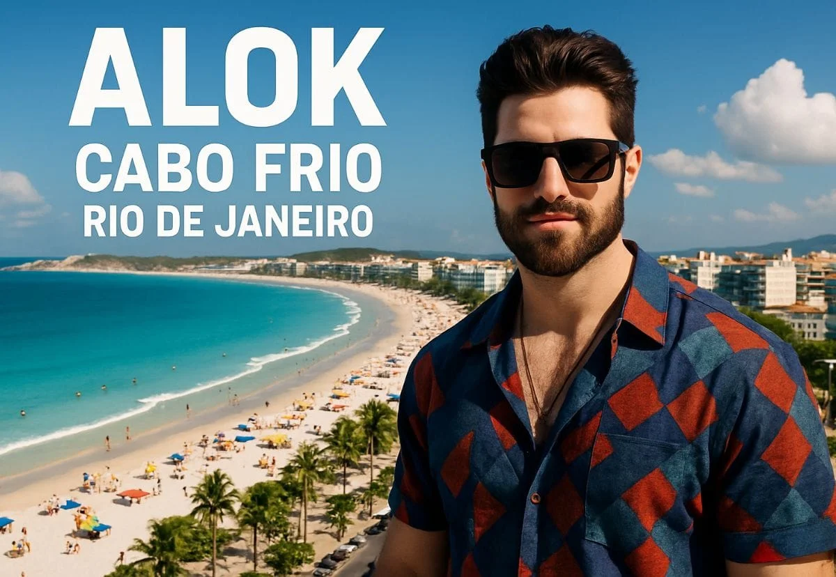 Show de Alok: “DJ Alok se apresentando em palco iluminado na virada de ano em Cabo Frio 2026, festa vibrante à beira-mar.”