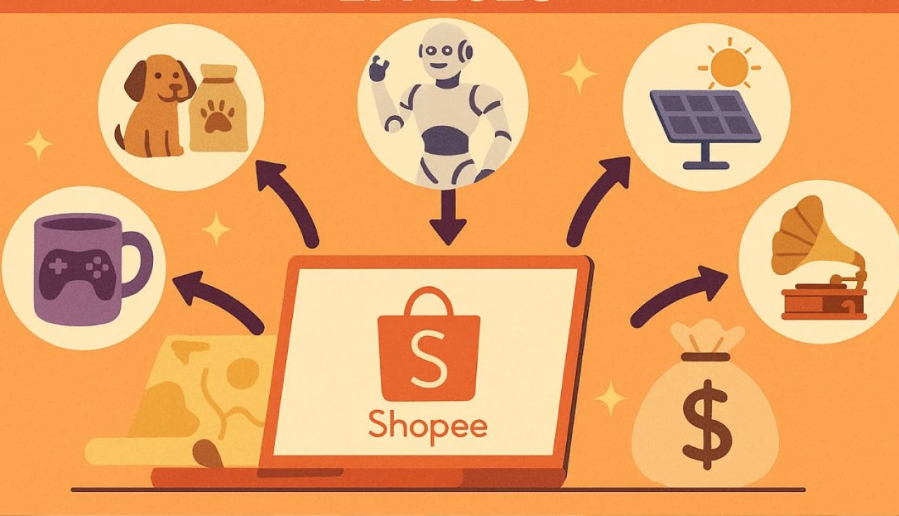 Empreendedor analisando no laptop os nichos lucrativos da Shopee em 2025, com gráficos de vendas e produtos virais em destaque.