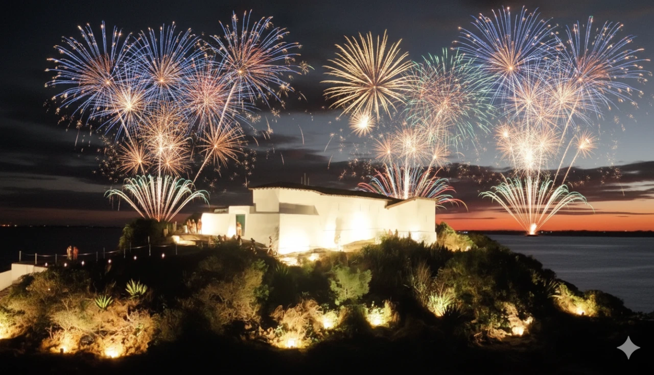Fogos de artifício iluminando o Forte São Mateus em Cabo Frio durante o Réveillon 2026, com o mar e o pôr do sol ao fundo.