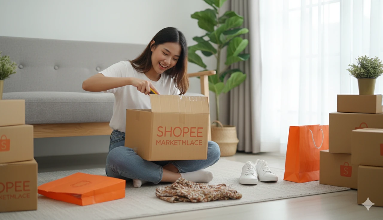 uma mulher abrindo uma caixa de recebidos da shopee marketplace