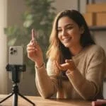 Jovem criador de conteúdo grava vídeos de produtos da Shopee com o celular em ambiente iluminado e natural.