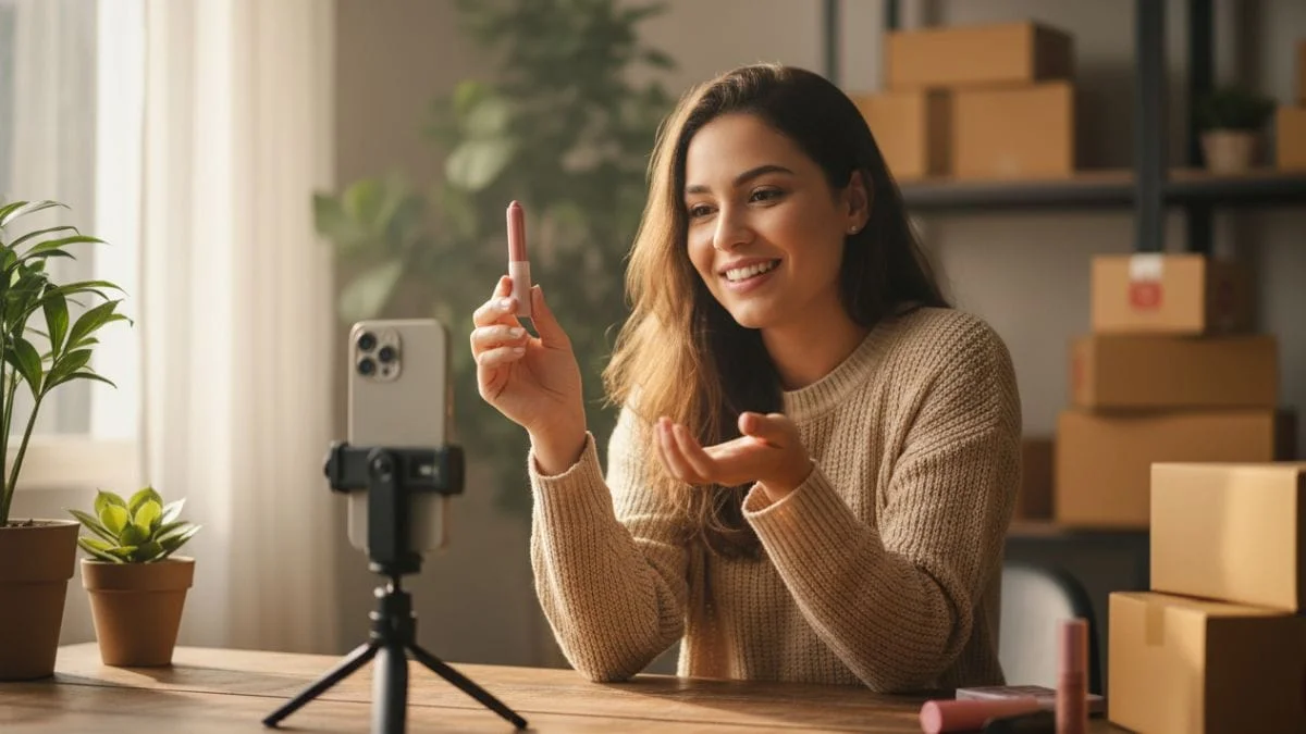 Jovem criador de conteúdo grava vídeos de produtos da Shopee com o celular em ambiente iluminado e natural.