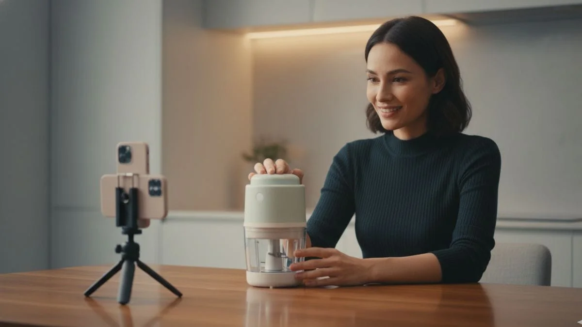 Mulher testa um gadget em casa enquanto grava um vídeo para redes sociais, representando produtos que estão viralizando em 2025.
