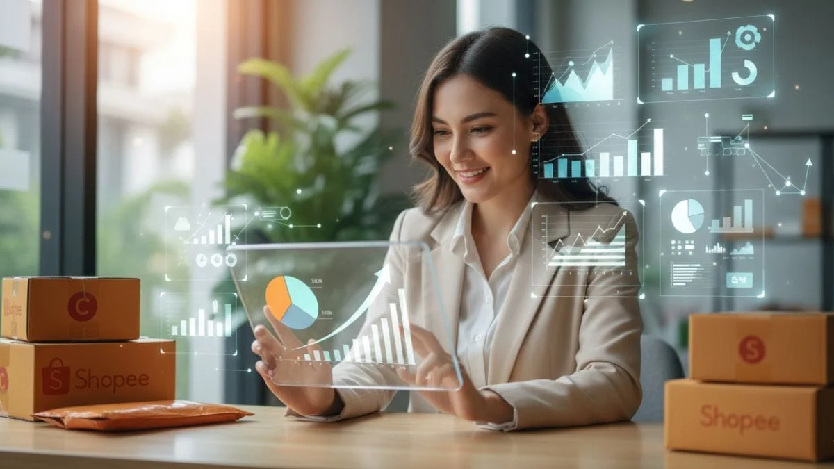 Afiliado observando gráficos de vendas em tablet com hologramas de IA e pacotes da Shopee ao redor, simbolizando sucesso.