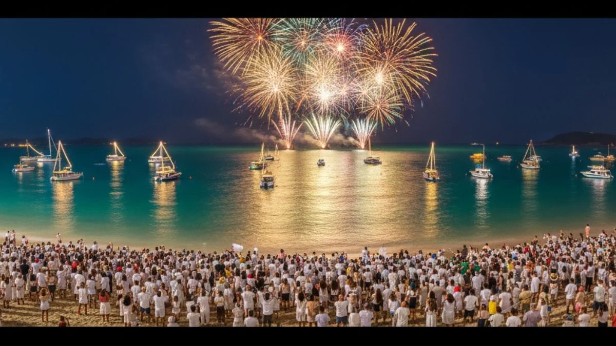 Pessoas vestidas de branco celebrando o Réveillon 2026 na Praia dos Anjos em Arraial do Cabo, com fogos refletindo sobre o mar azul-turquesa e barcos iluminados ao fundo.