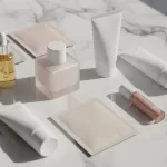 Produtos de skincare minimalistas dispostos sobre bancada de mármore, incluindo sérum facial, tônico coreano, creme de limpeza e máscara hidratante — conceito moderno de beleza Shopee 2025.
