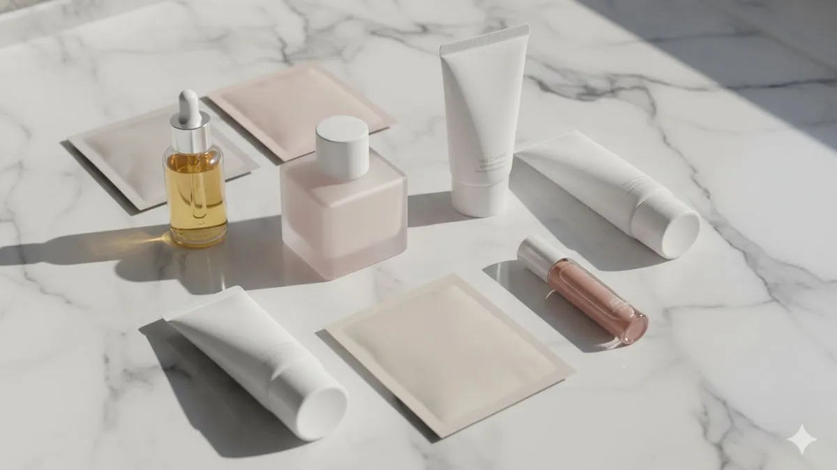Produtos de skincare minimalistas dispostos sobre bancada de mármore, incluindo sérum facial, tônico coreano, creme de limpeza e máscara hidratante — conceito moderno de beleza Shopee 2025.