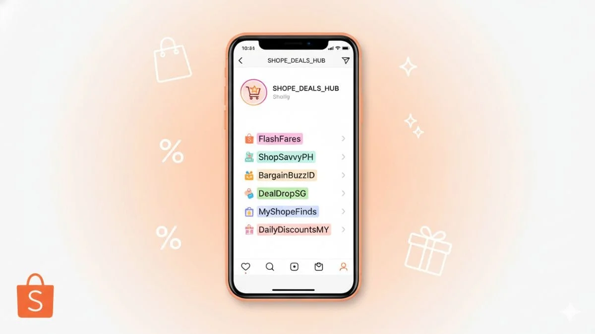 Imagem mostrando celular com perfil de Instagram de achadinhos da Shopee, representando ideias de nomes criativos para páginas de ofertas.