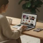 Mulher navegando em um site de compras online no notebook, em um ambiente iluminado e moderno.