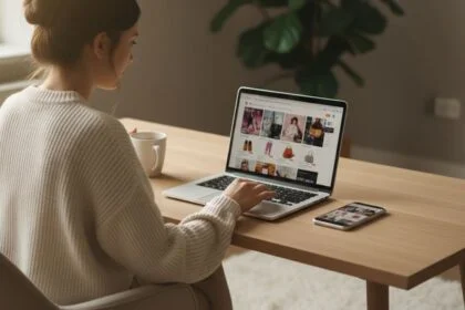 Mulher navegando em um site de compras online no notebook, em um ambiente iluminado e moderno.