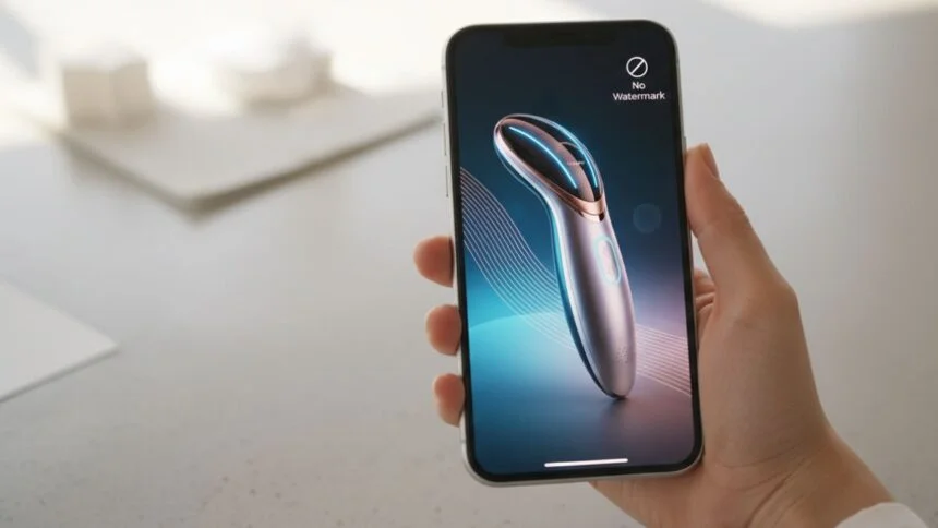 Smartphone exibindo vídeo de produto da Shopee sem marca d'água em tela, simbolizando a solução para conteúdo limpo.