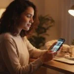 Mulher jovem usando o celular para fazer compras online em casa, com mesa organizada, luz quente e ambiente moderno.