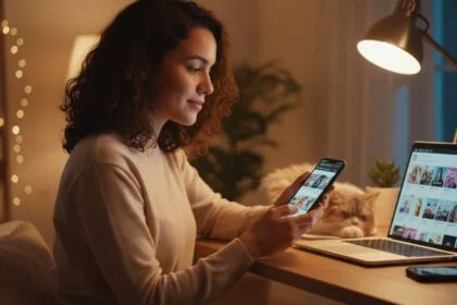 Mulher jovem usando o celular para fazer compras online em casa, com mesa organizada, luz quente e ambiente moderno.