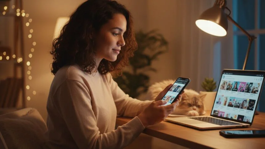 Mulher jovem usando o celular para fazer compras online em casa, com mesa organizada, luz quente e ambiente moderno.