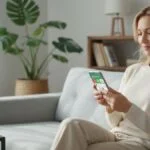 Mulher de 40 anos verificando ofertas no WhatsApp pelo celular.