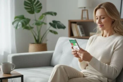 Mulher de 40 anos verificando ofertas no WhatsApp pelo celular.