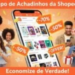 Comunidade online de consumidores observando ofertas da Shopee no celular, com ícones de desconto (-70%, -50%) e moedas douradas flutuando, representando economia e descobertas de achadinhos.