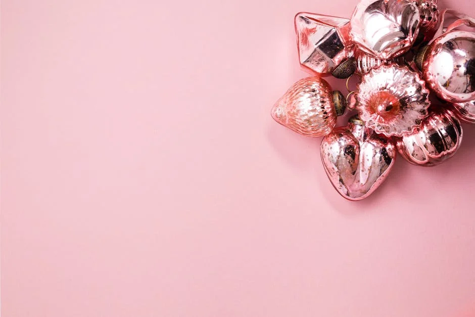 A cluster of pink Christmas ornaments on a plain background, offering elegant festive decor ideas.