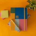 Flat lay of a vibrant 2025 planner with a pen and green plant on yellow background.
