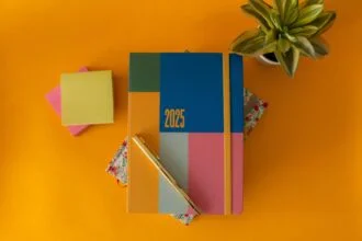 Flat lay of a vibrant 2025 planner with a pen and green plant on yellow background.