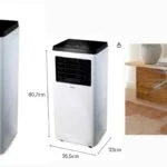 Ar condicionado portátil HQ 10.500 BTU modelo HQ-AP10500FW em destaque, mostrando design branco, dimensões 80,7 cm x 35,5 cm x 33 cm e fluxo de ar, ideal para ambientes de até 15 m².