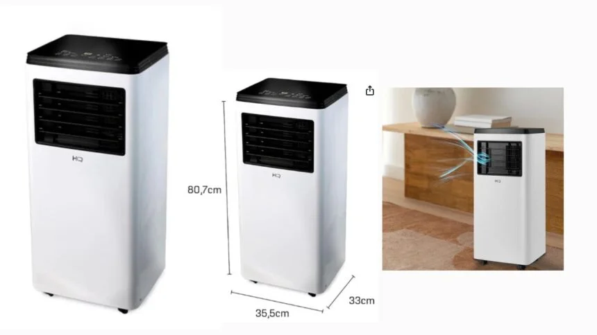 Ar condicionado portátil HQ 10.500 BTU modelo HQ-AP10500FW em destaque, mostrando design branco, dimensões 80,7 cm x 35,5 cm x 33 cm e fluxo de ar, ideal para ambientes de até 15 m².