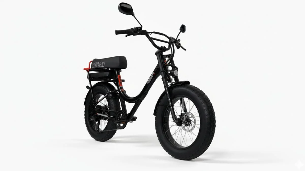 bicicleta elétrica caloi mobylette preta modelo 2025 em destaque vista lateral com pneus largos e design retrô