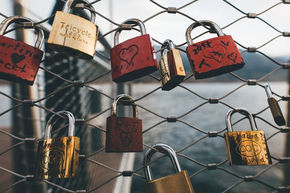Red and gold padlocks with love messages hang on a chain link fence near water.