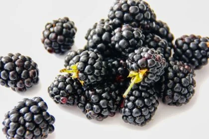 A vibrant close-up of fresh blackberries on a white background, highlighting their juicy texture.