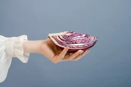 A hand holds a fresh slice of red cabbage against a blue background, showcasing its vibrant colors.